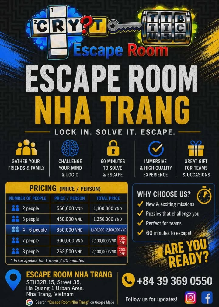 Nha Trang Escape Room pricing: 2 players 1,100,000 VND; 3 players 1,350,000 VND; 4–6 players 350,000 VND per person; 7–8 players 2,100,000 VND total